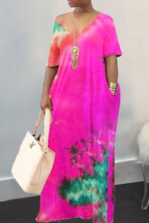 

Lovely Stylish Tie-dye Rose Red Maxi Plus Size Dress