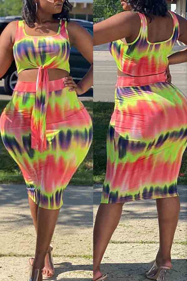 

Lovely Trendy Tie-dye Multicolor Plus Size Two-piece Skirt Set, Multi