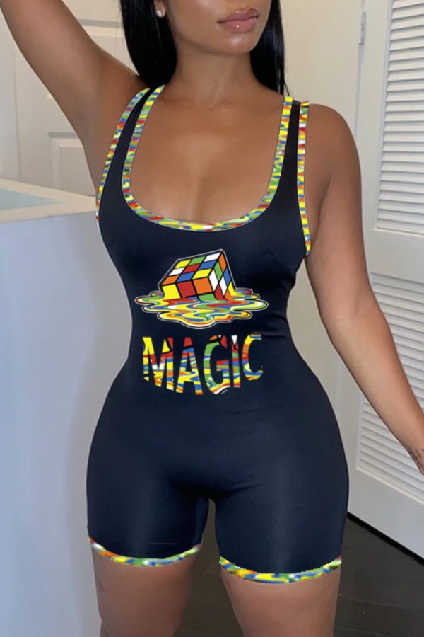 

lovely Sportswear Print Black One-piece Romper