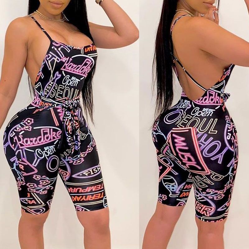 

lovely Sexy Backless Letter Print Black One-piece Romper