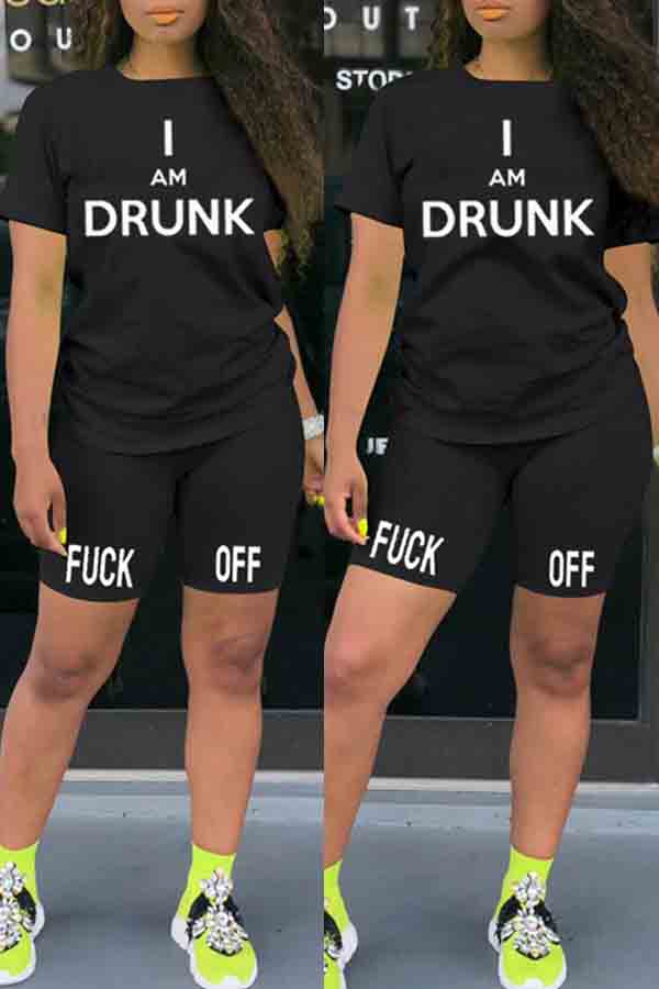 

lovely Casual Letter Print Black Two-piece Shorts Set