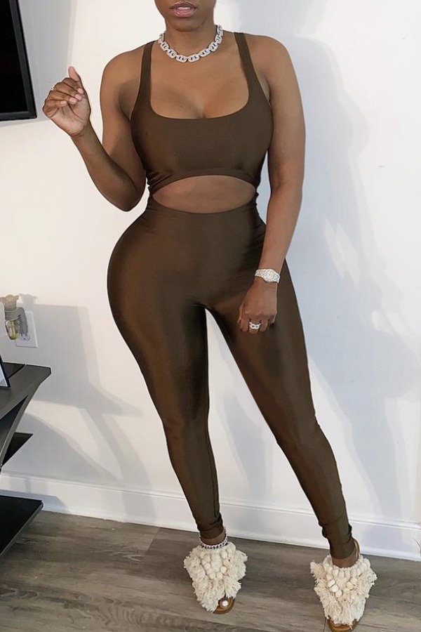 

lovely Sportswear Hollow-out Dark Coffee Plus Size One-piece Jumpsuit