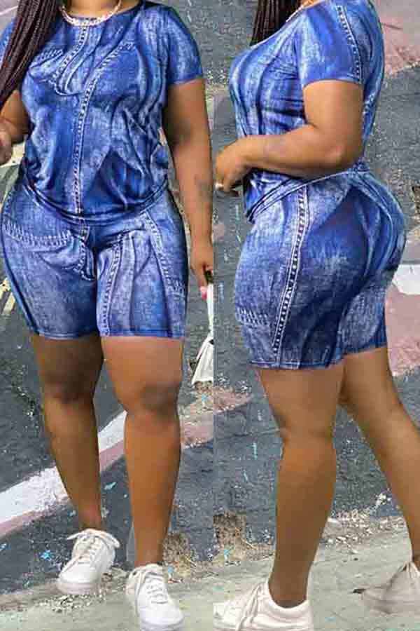 

lovely Street O Neck Tie-dye Blue Two-piece Shorts Set