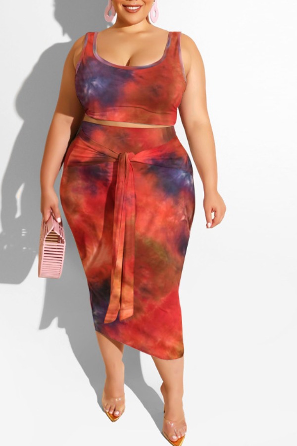 

lovely Trendy U Neck Tie-dye Red Plus Size Two-piece Skirt Set