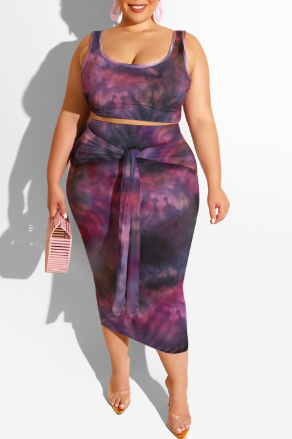 

lovely Trendy U Neck Tie-dye Purple Plus Size Two-piece Skirt Set