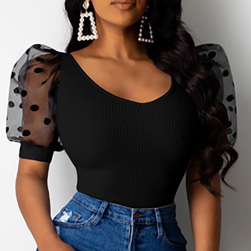 

lovely Sweet Dot Print Patchwork Black T-shirt