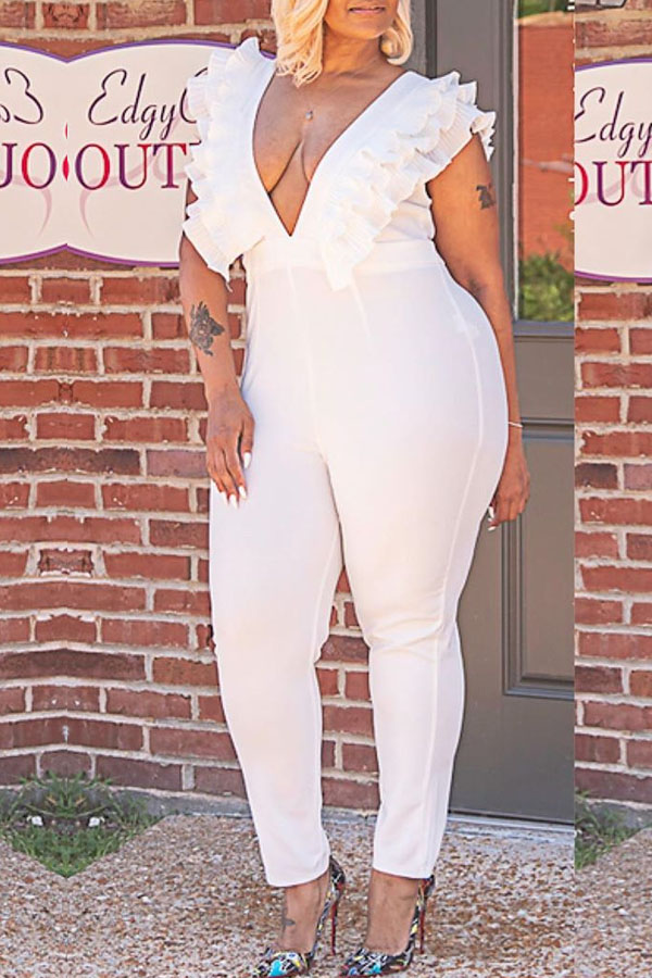 

lovely Stylish Deep V Neck White Plus Size One-piece Jumpsuit