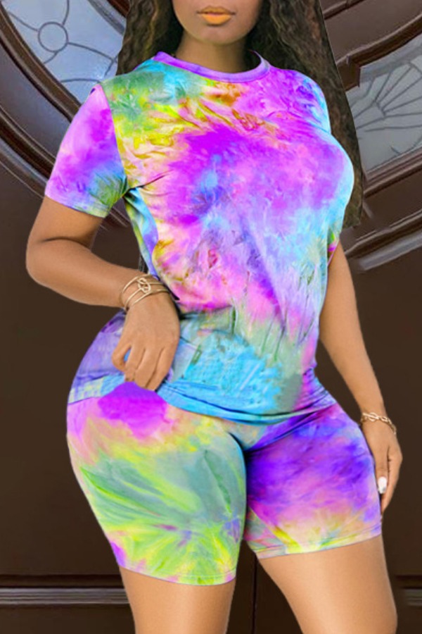 

Lovely Casual O Neck Tie-dye Purple Plus Size Two-piece Shorts Set