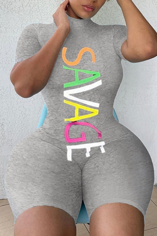 

Lovely Sportswear Letter Print Grey Plus Size One-piece Romper