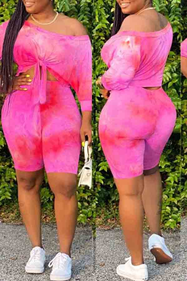 

lovely Casual O Neck Tie-dye Rose Red Plus Size Two-piece Shorts Set