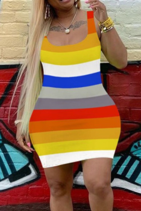 

lovely Casual Striped Multicolor Mini Plus Size Dress, Multicolor mstn