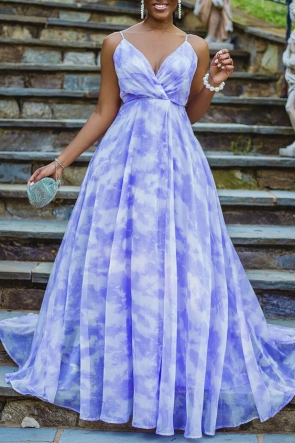 

lovely Bohemian Deep V Neck Tie-dye Violet Maxi Dress