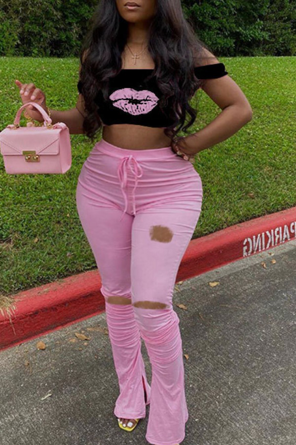 

Lovely Casual Print Hollow-out Pink Plus Size Two-piece Pants Set