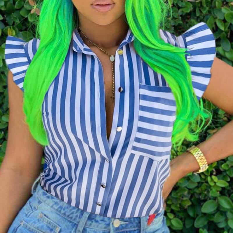 

Lovely Stylish Turndown Collar Striped Blue Blouse