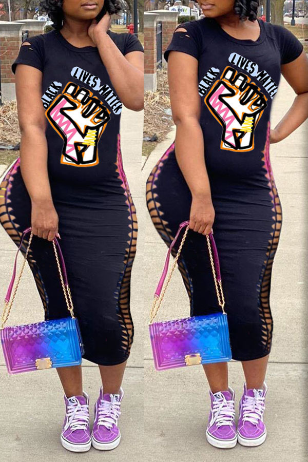 

Lovely Street O Neck Print Black Mid Calf Plus Size Dress