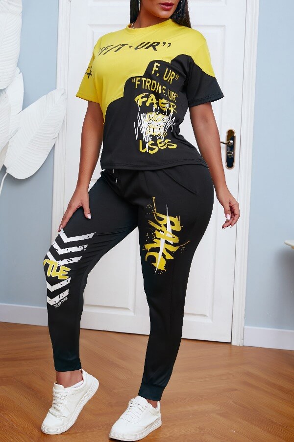 

Lovely Casual Letter Print Patchwork Yellow Two-piece Pants Set