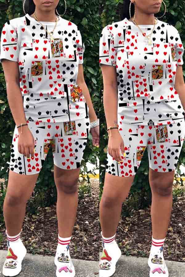 

lovely Leisure O Neck Print White Two-piece Shorts Set