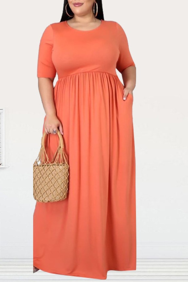 

lovely Casual O Neck Fold Design Orange Maxi Plus Size Dress