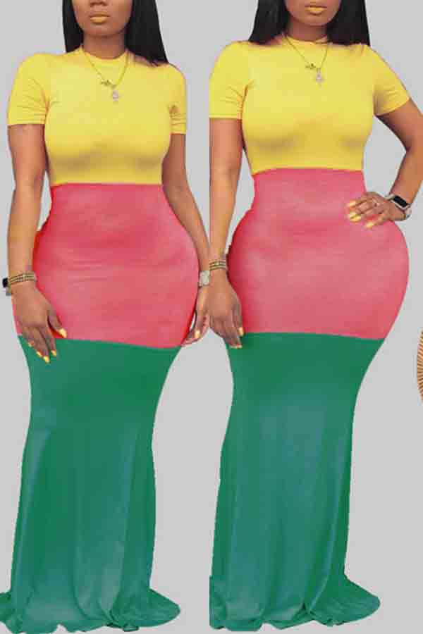 

lovely Casual Patchwork Green Maxi Plus Size Dress