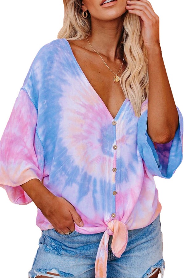 

lovely Casual V Neck Tie-dye Skyblue Blouse