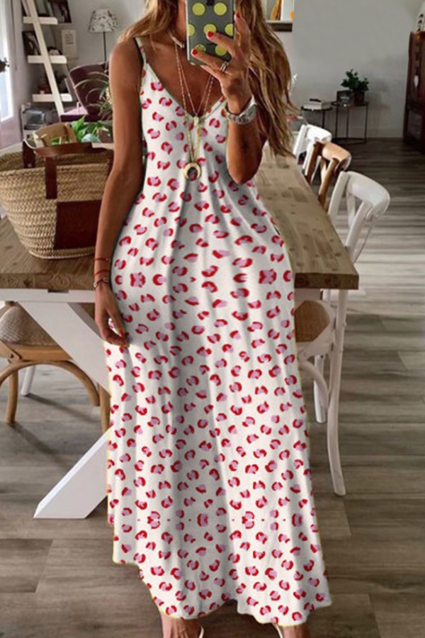 

lovely Bohemian V Neck Print White Ankle Length Plus Size Dress