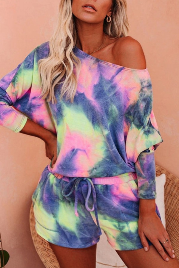 

Lovely Stylish Tie-dye Blue Plus Size Two-piece Shorts Set