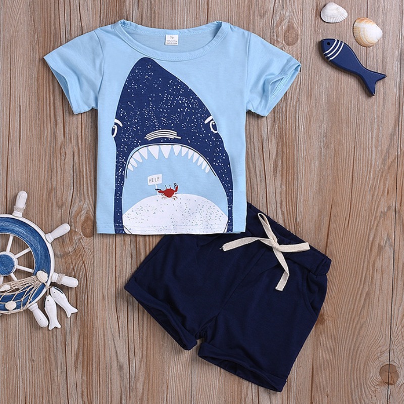 

lovely Casual O Neck Print Baby Blue Boy Two-piece Shorts Set