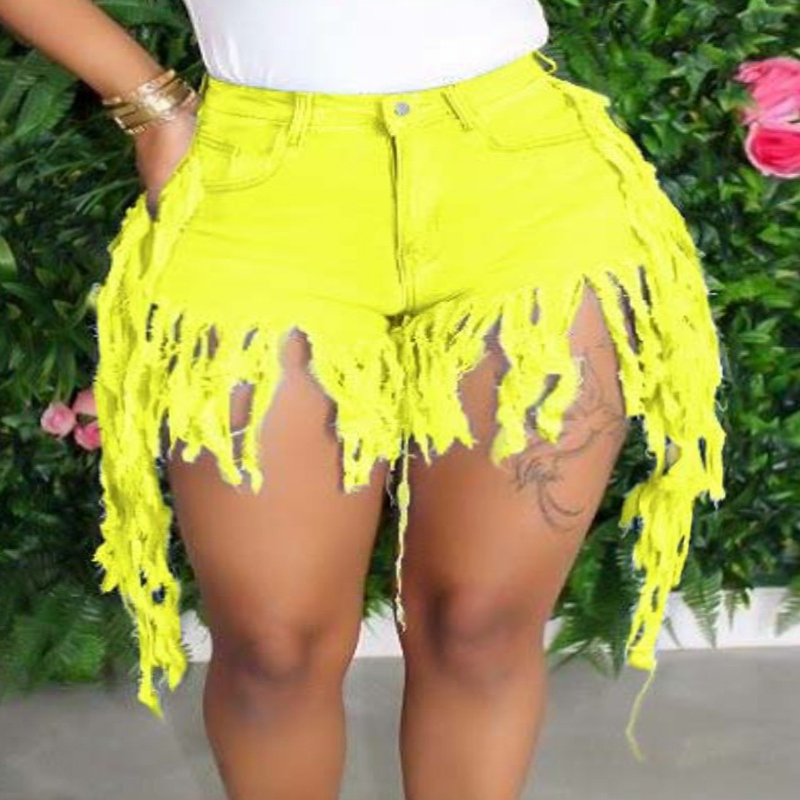 LovelyWholesale Plus Size Casual Tassel Design Yellow Denim Shorts Summer Casual Basic  3X Spring Summer 2024