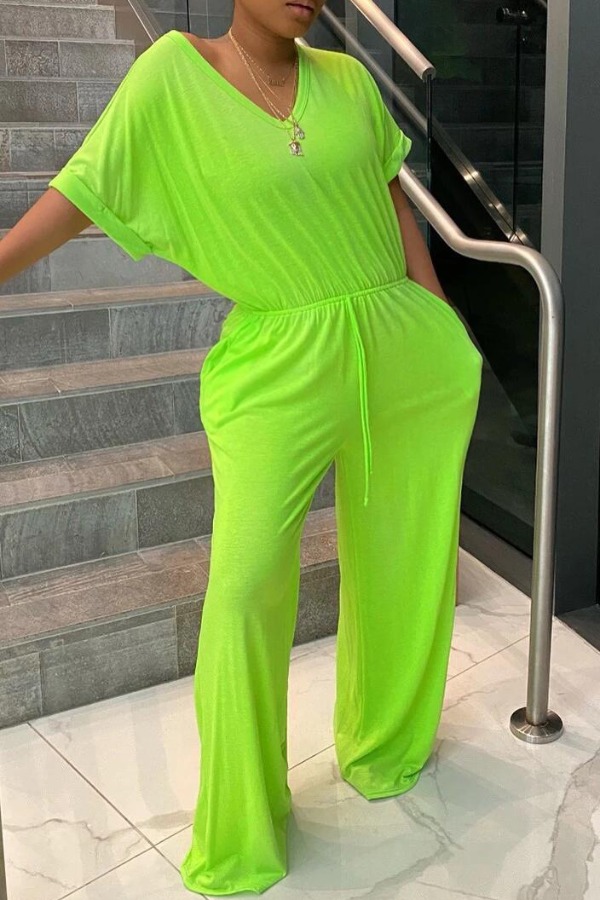

Lovely Stylish V Neck Lace-up Green Plus Size One-piece Jumpsuit