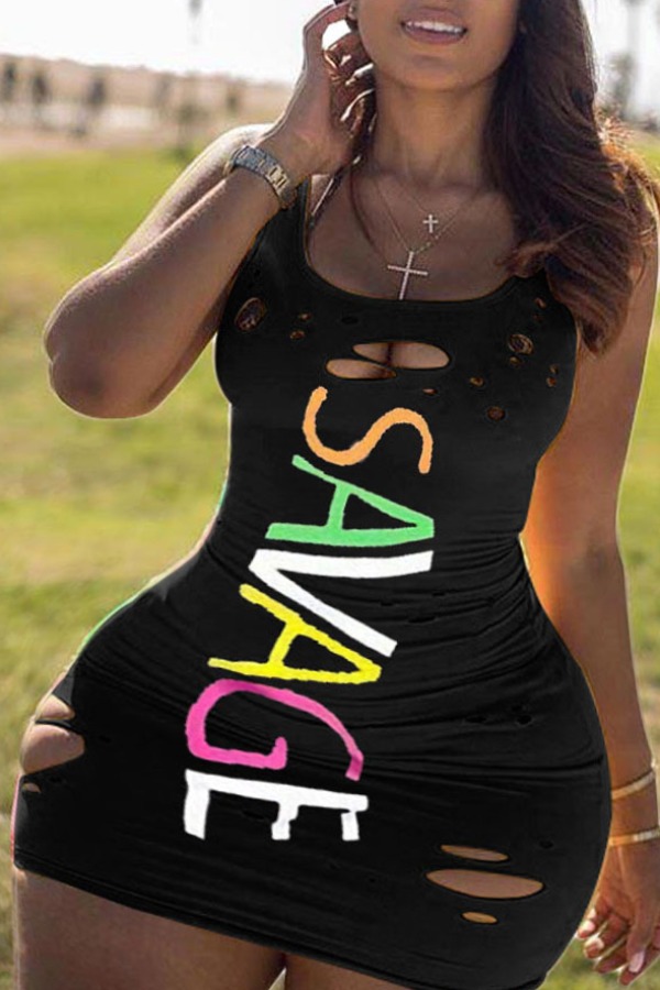 

Lovely Casual Letter Hollow-out Black Mini Plus Size Dress