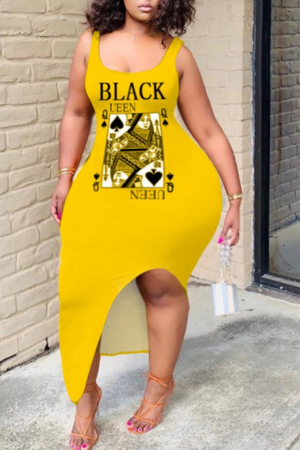 

Lovely Casual Print Yellow Ankle Length Plus Size Dress