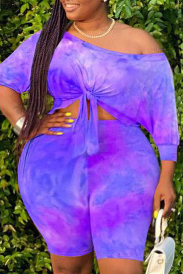 

Lovely Casual O Neck Tie-dye Purple Plus Size Two-piece Shorts Set