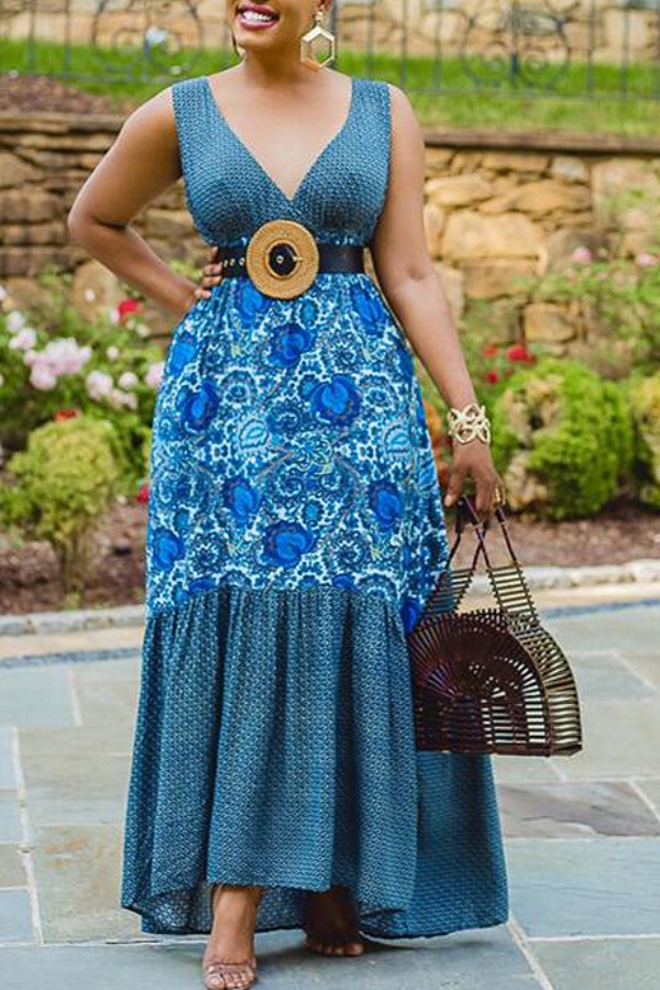 

lovely Bohemian Print Patchwork Blue Maxi Dress