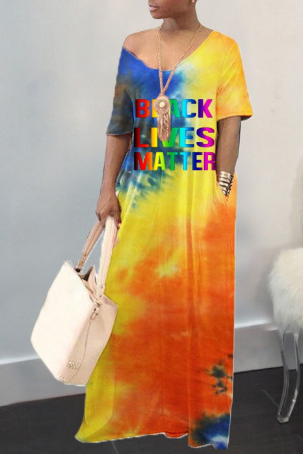 

lovely Casual V Neck Tie-dye Orange Maxi Dress