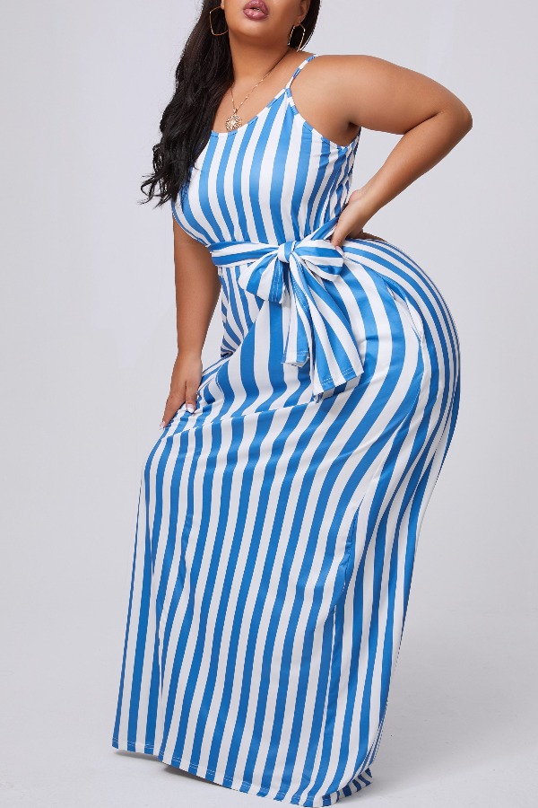 

lovely Casual Striped Blue Maxi Plus Size Dress