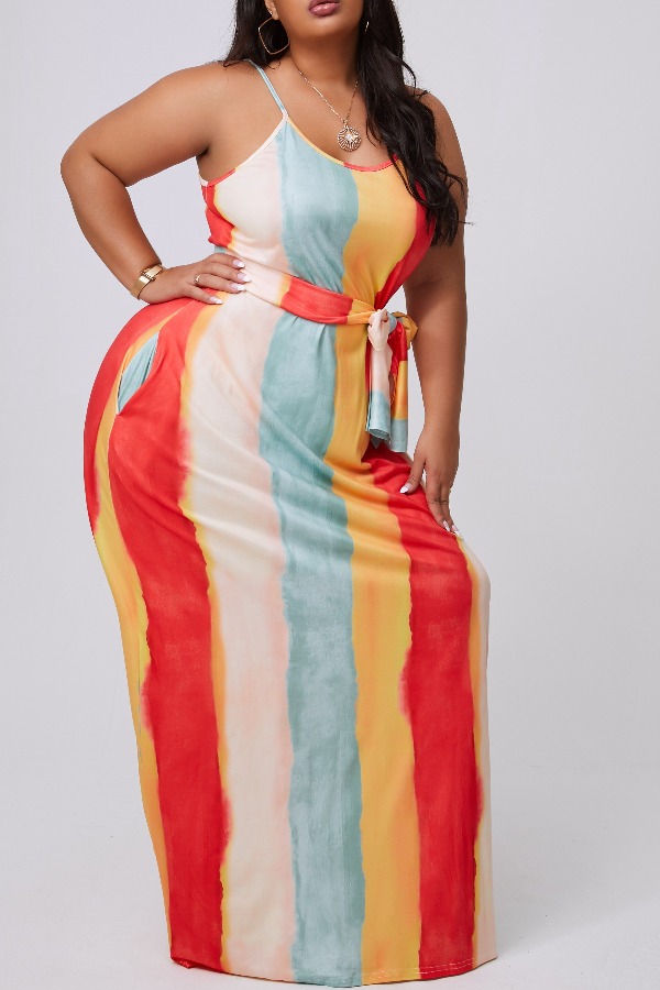 

lovely Casual Striped Apricot Maxi Plus Size Dress