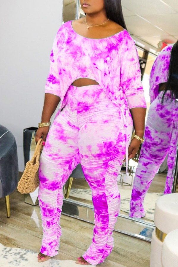 

lovely Casual Tie-dye Fold Design Rose Red Plus Size Two-piece Pants Set