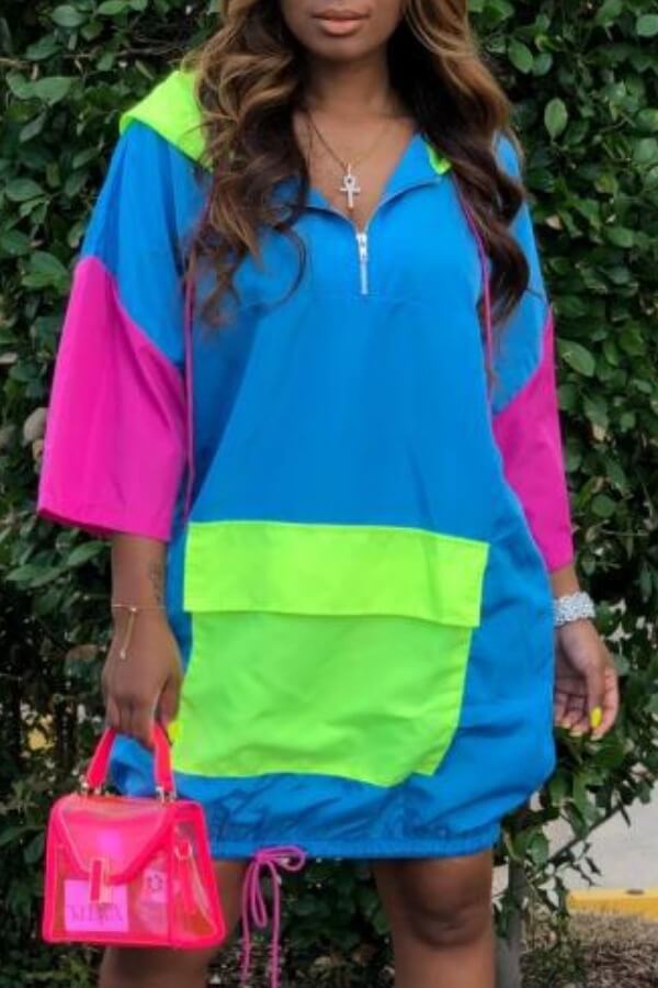 

LW Casual Hooded Collar Patchwork Blue Knee Length Dress