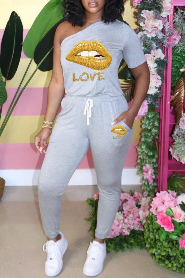 

lovely Casual One Shoulder Lip Print Grey One-piece Jumpsuit