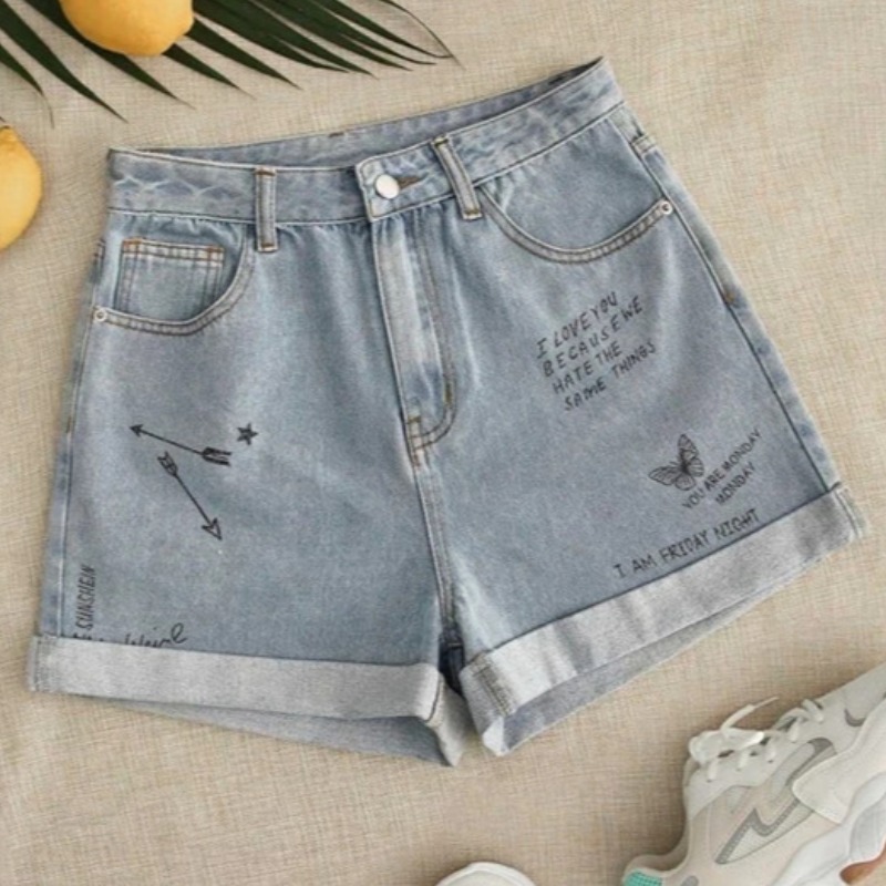 

lovely Stylish Print Baby Blue Denim Shorts
