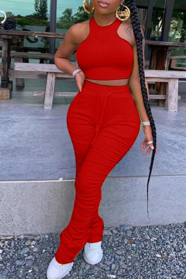 

LW Stylish Fold Design Red Two-piece Pants Set