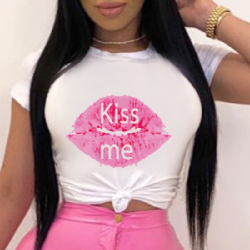 

lovely Casual O Neck Lip Print Pink T-shirt