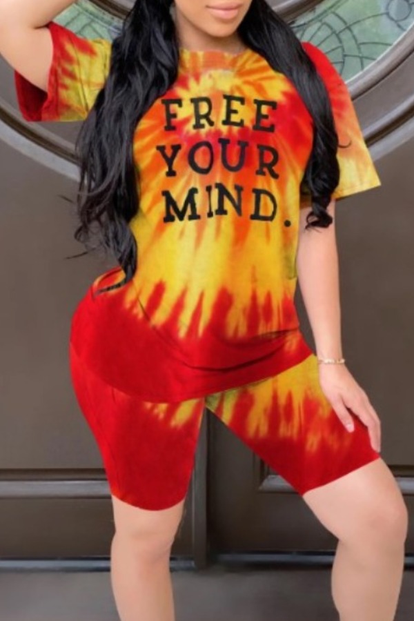 

lovely Trendy O Neck Letter Print Yellow Two-piece Shorts Set