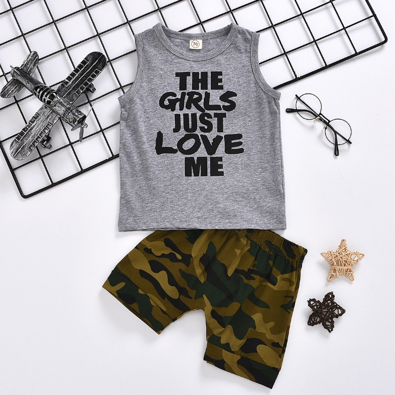 

lovely Leisure O Neck Letter Print Grey Boy Two-piece Shorts Set