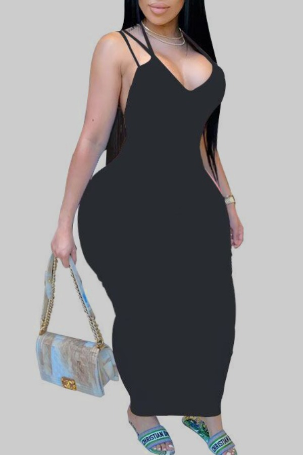 

lovely Sexy Backless Black Ankle Length Plus Size Dress
