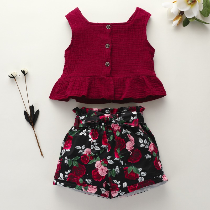 

lovely Stylish Print Buttons Design Wine Red Girl Two-piece Shorts Set