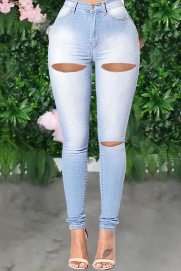 

Lovely Stylish Hollow-out Baby Blue Jeans
