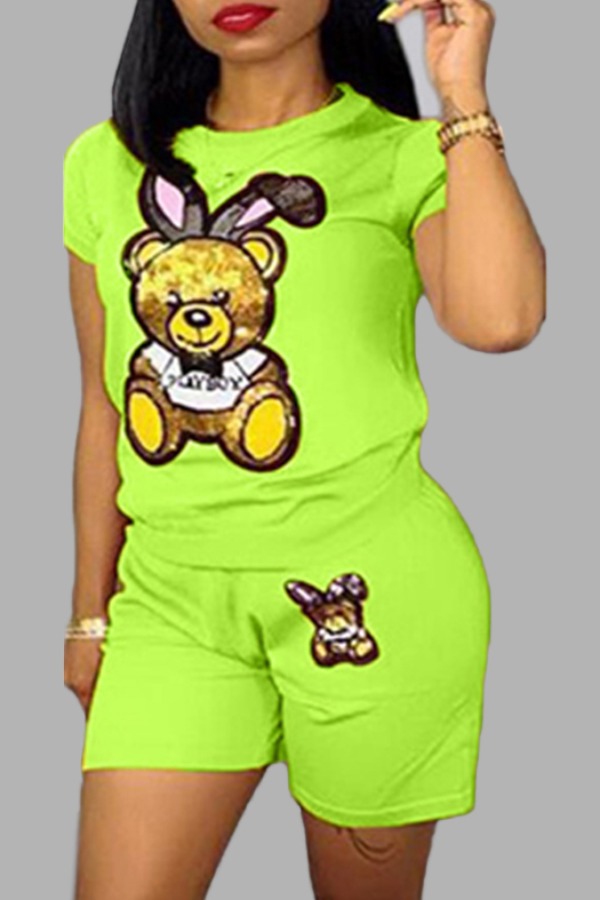 

Lovely Casual Cartoon Print Green Two-piece Shorts Set
