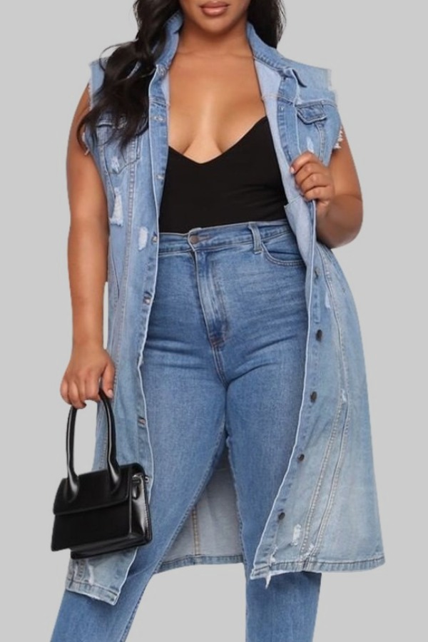 

Lovely Casual Buttons Design Blue Plus Size Denim Coat