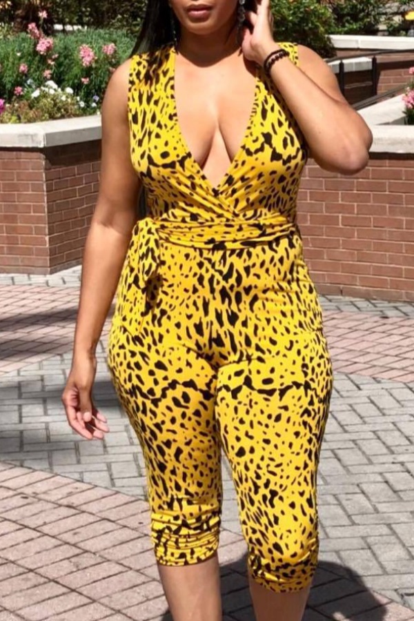 

lovely Sexy Deep V Neck Print Yellow One-piece Romper